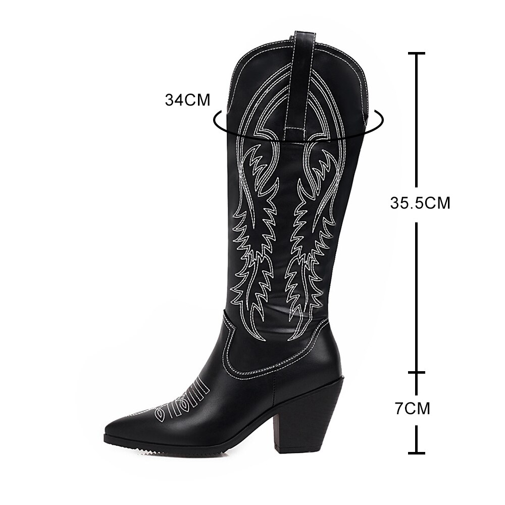 Retro kvinnor knähöga stövlar läder ridstövlar medeltida western cowgirl boot höst vinter spetsig tå kvinna kosacker stövlar