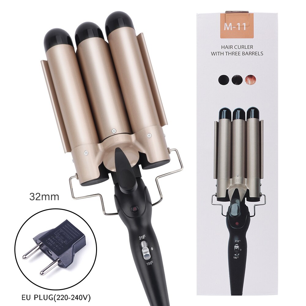 Prancha modeladora de cachos profissional, aparelho de ferro e cerâmica para encaracolar e ondular o cabelo, modelador de cabelos com três cilindros: 32MM EU PLUG