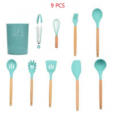 Kitchenware Set Kitchen Utensils Green 11 Piece Set Of Wooden Handle Silicone Nonstick High Temperature Silicone Spatula: Green-14