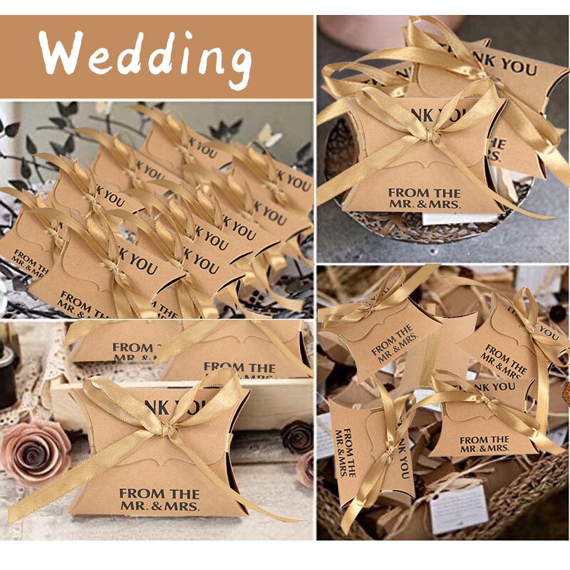 10/20Pcs Pillow Candy Case Cute Kraft Paper Thank You Boxes With Ribbon For Wedding Favors Packaging Boxes Decorations