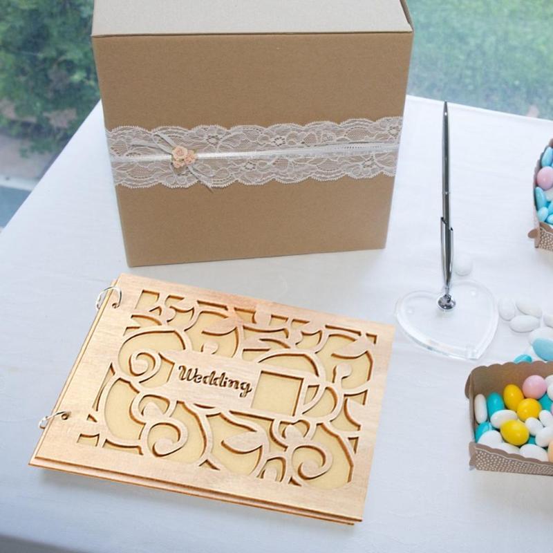 Signature Guest Book Sweet Wooden Party Decoration Set Love Heart Hollow Cut Memory Book Wedding Supplies 20 Inside Pages