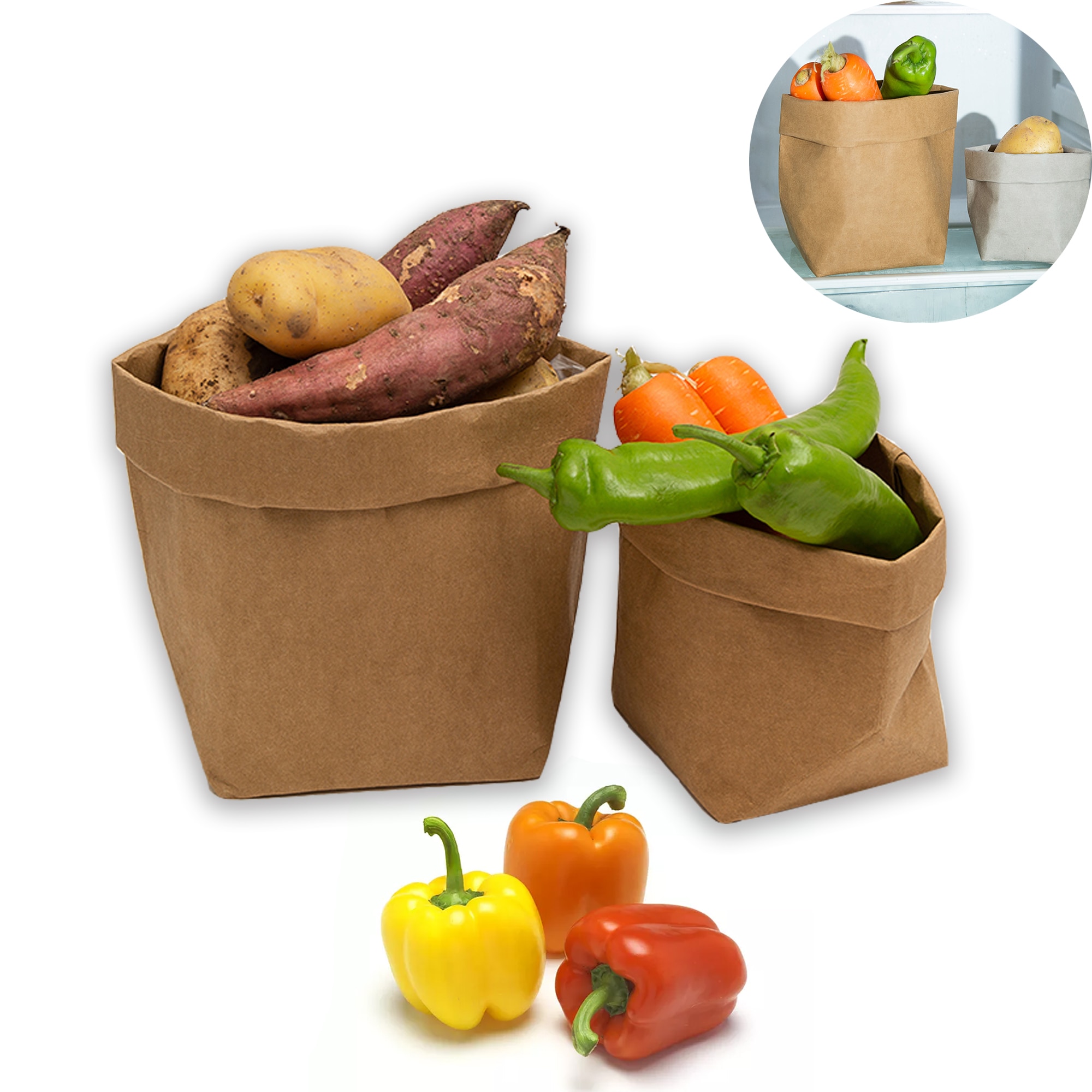 Reusable Produce Bags Kraft Paper, Washable Zero-waste fruit and vegetable organizer bags for refrigerator,Toy Grocery bag