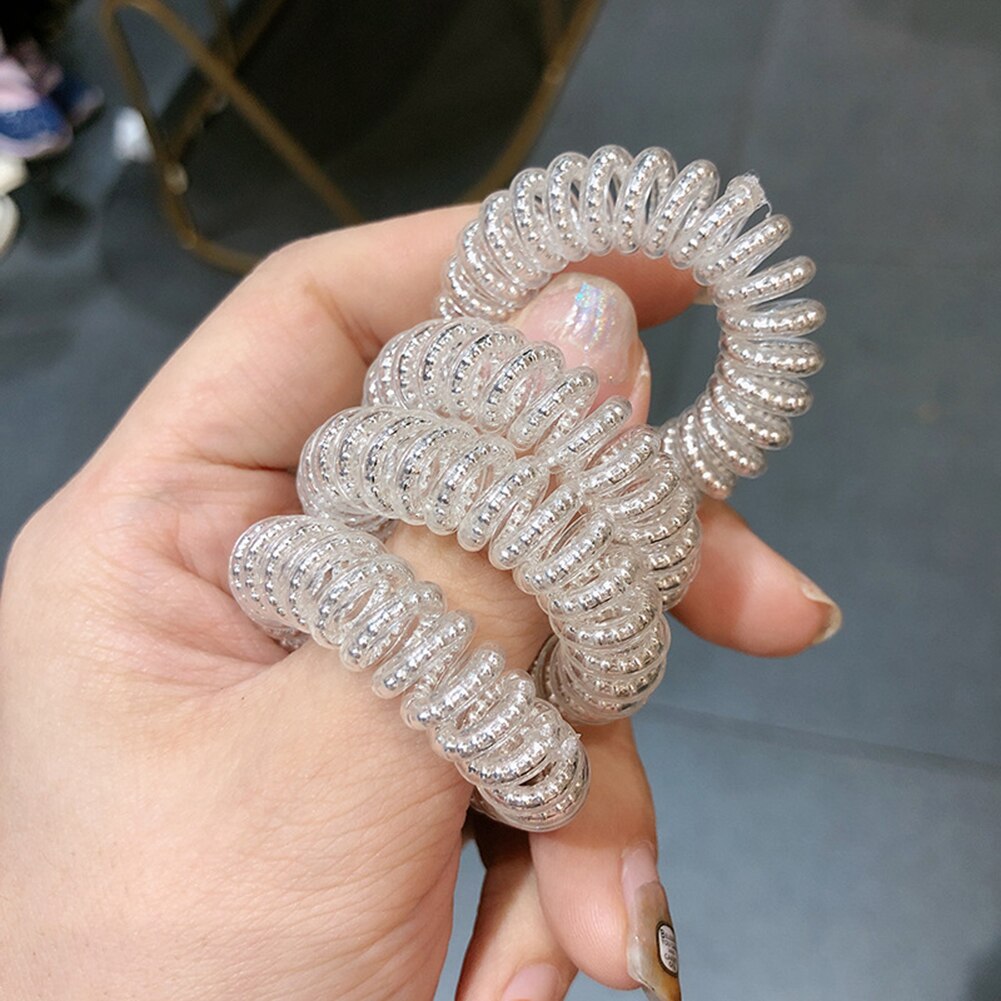 1 stuk parels elastische haarbanden meisjes haaraccessoires rubberen band hoofddeksels haarkoord spiraalvorm haarelastiekjes gom telefoondraad: Zilver