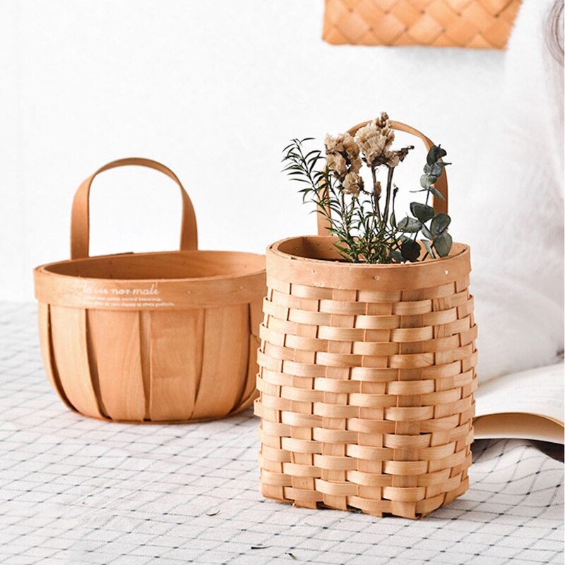Wood Storage Basket Woven Hanging Baskets Kitchen Garden Wall Hanging Flower Baskets Fruit Vegetable Sundries Organizer Decor