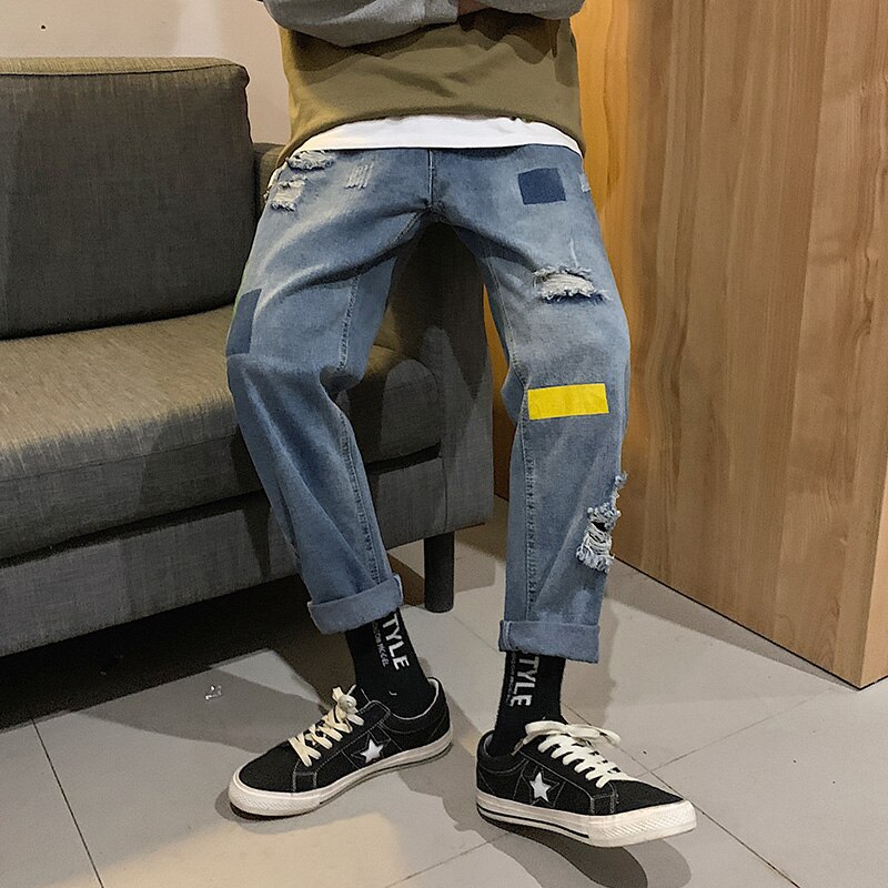 Hip hop mænd vintage jeans harembukser herre japan streetwear strimlet patchwork denim bukser mandlige løse blå jeans 3xl: M