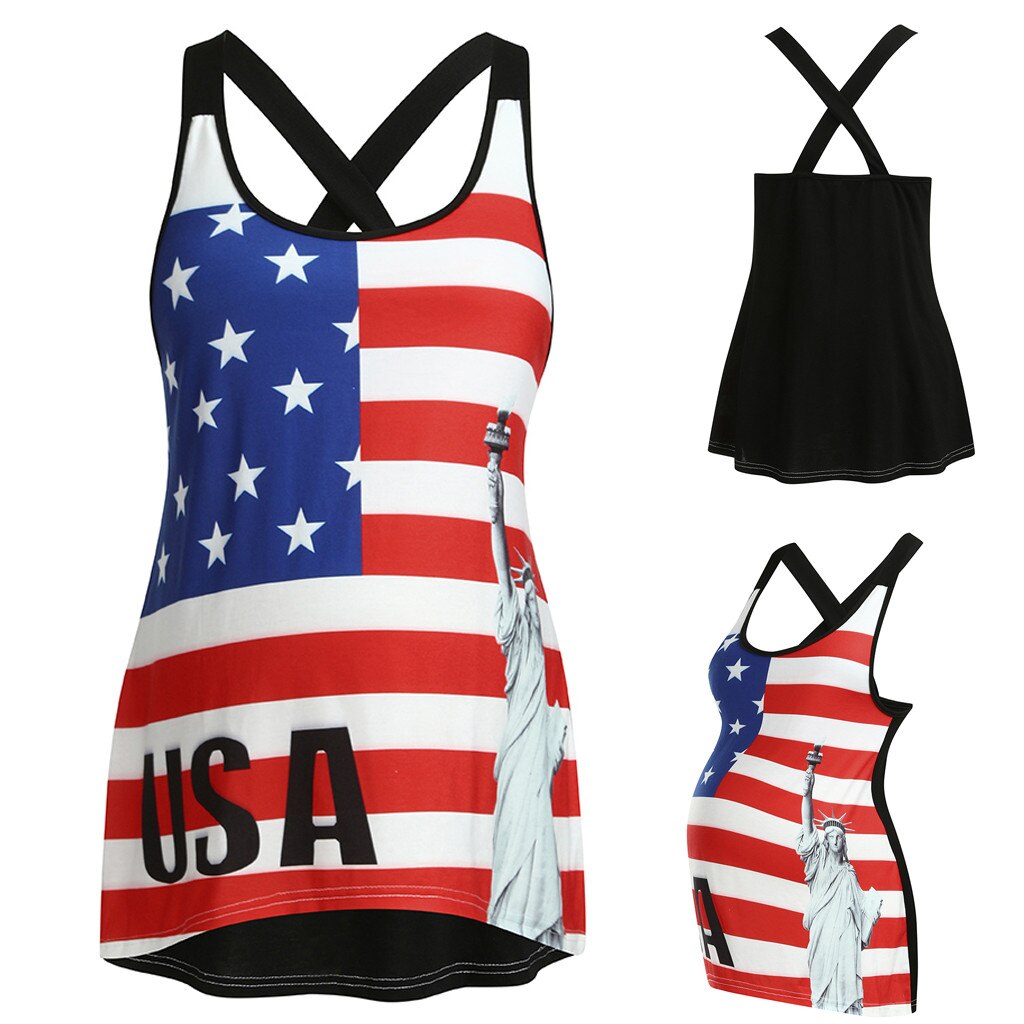 Women Pregnant Maternity Sleeveless Blouse Tops Print Clothes Vest Statue Of Liberty Flag Day 4th Of July Summer Tops Pregnancy