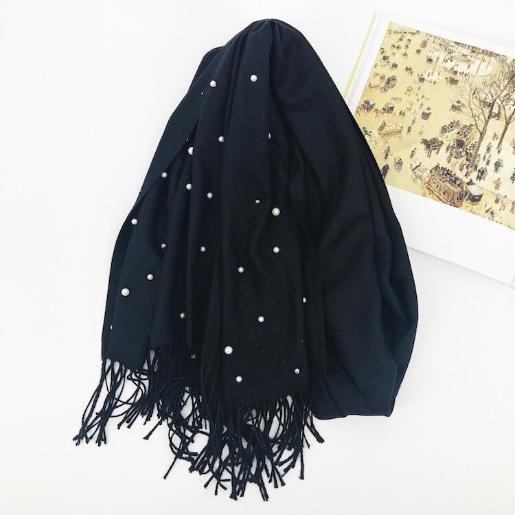 Écharpe de de luxe épais hiver femmes écharpe chaude cachemire étoile perle solide gland châle couverture pour emmailloter Hijab dame écharpe Pashmina: Black