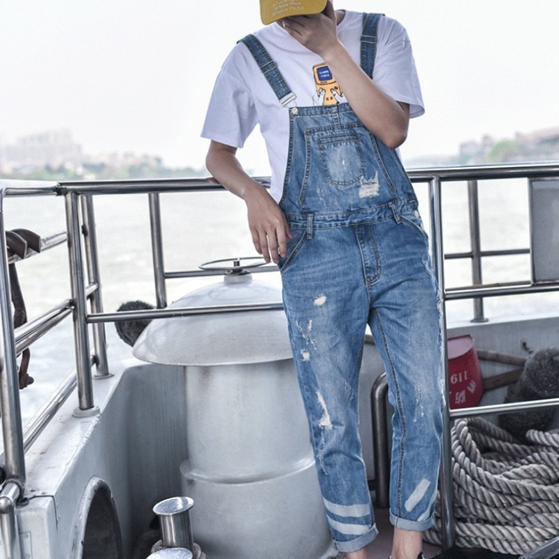 Harajuku big boy slim fit hole overalls one piece herre ripped cargo jeans retro vaskede denim jumpsuits lommer hombre bukser: Xxl