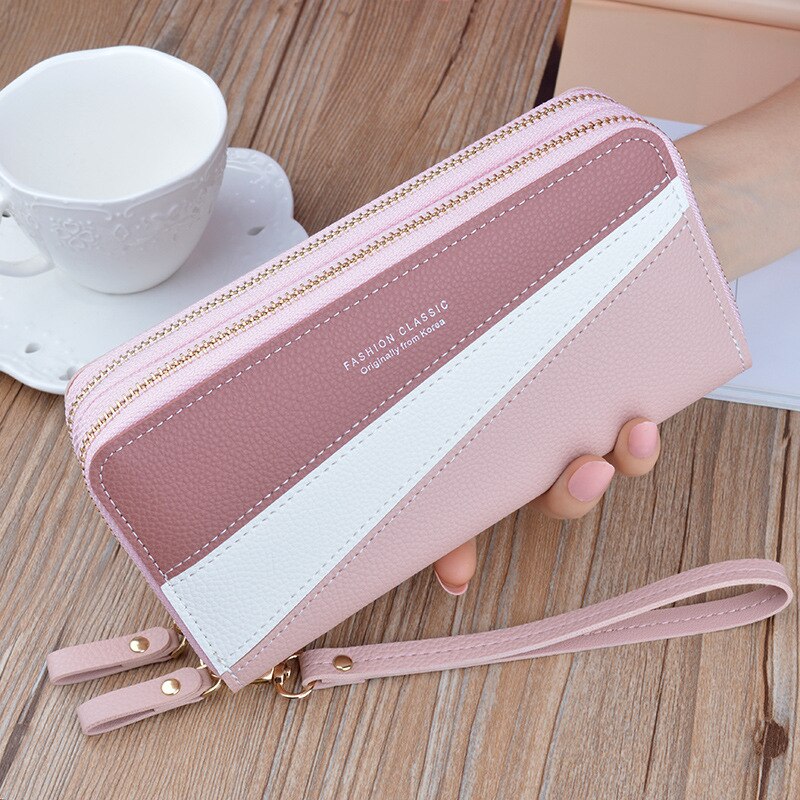 Dobbel glidelås lommebok lang kvinnelig telefon clutch bag lappeteppe panelert stor kapasitet vesker multifunksjonelle lommebøker dompet wanita.: Rosa