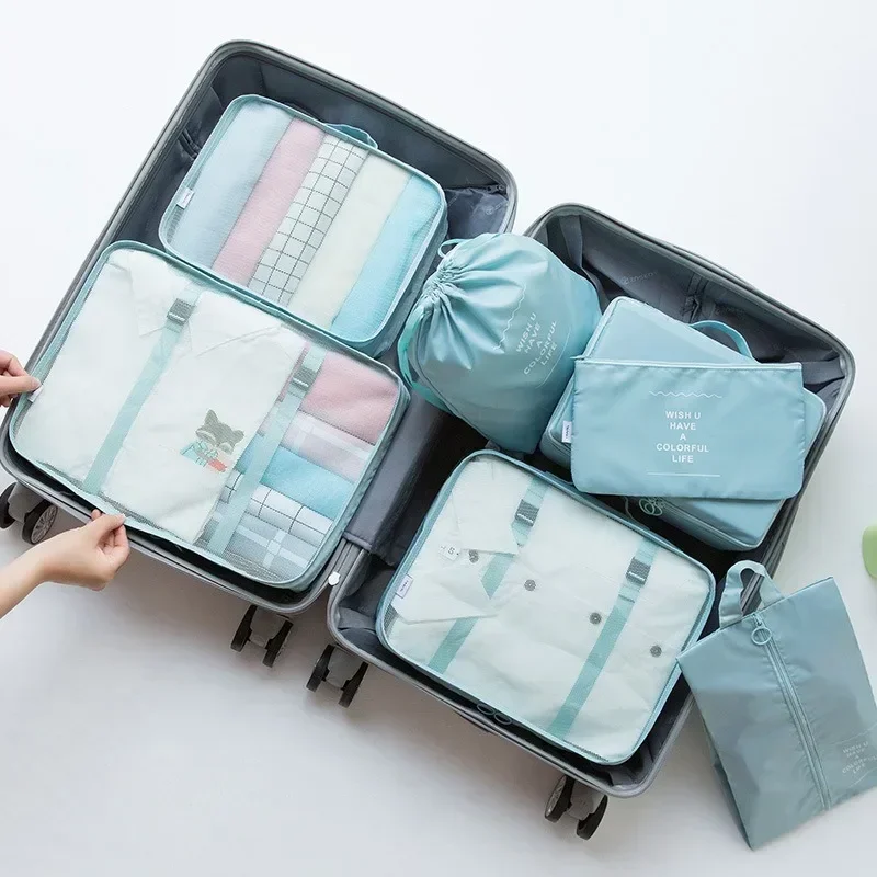 Ensemble de 7 pièces de sacs de voyage, organisateur de vêtements, bagages, organisateur de voyage, couverture, chaussures, sac, valise, pochette, Cubes d'emballage: Bleu