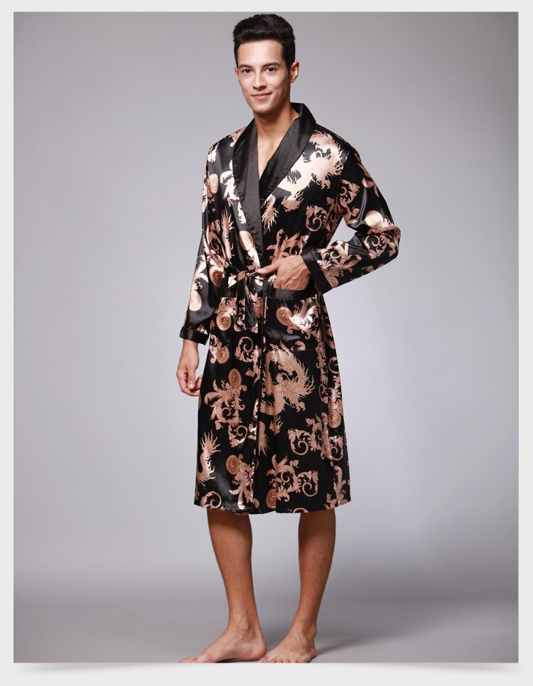 Wijn Badjas Kamerjas Nachtkleding Mannen Zijde Zomer en Herfst Luxe Kimono Satijnen Badjas Print Knielengte Lange Mouwen