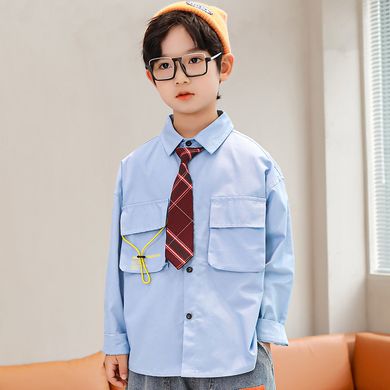 Chemises à la de Style anglais pour enfants, vêtements avec cravate, 100% coton, manches longues, uniforme scolaire pour garçons, offre spéciale: Bleu / 5