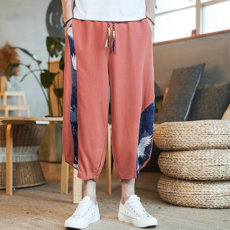Letnie bawełniane spodnie Kimono męskie patchworkowe luźne spodnie Kimono azjatyckie Streetwear styl orientalny odzież chińskie spodnie męskie FF2965: 3 / M
