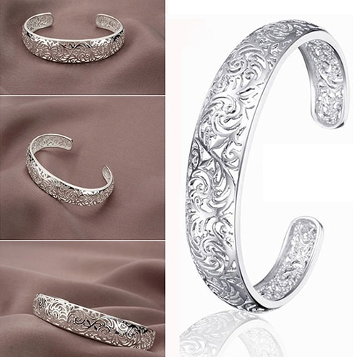 Women 925 Sterling Bezel Hollow Cuff Bangle Open Bracelet Stainless Steel Bracelet Vintage Jewelry