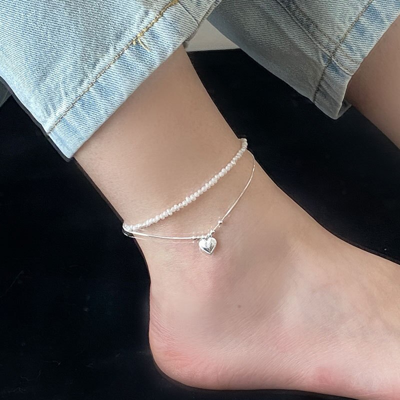 Nuovo cavigliera moda in argento Sterling 925 per donna stelle luna/perla/cuore/perline ciondolo doppio strato catena cavigliera piedi gioielli: 1 piece 24cm