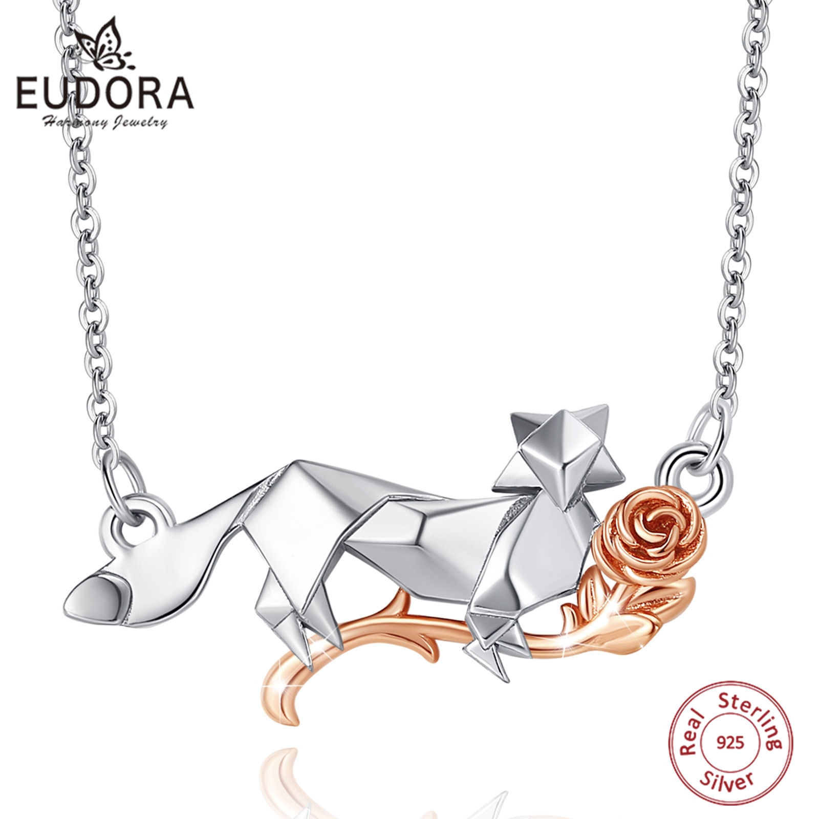 Eudora-collar con colgante de zorro y rosas de Plata de Ley 925 auténtica, 18 pulgadas, Animal Series, joyería fina para para madres, 657