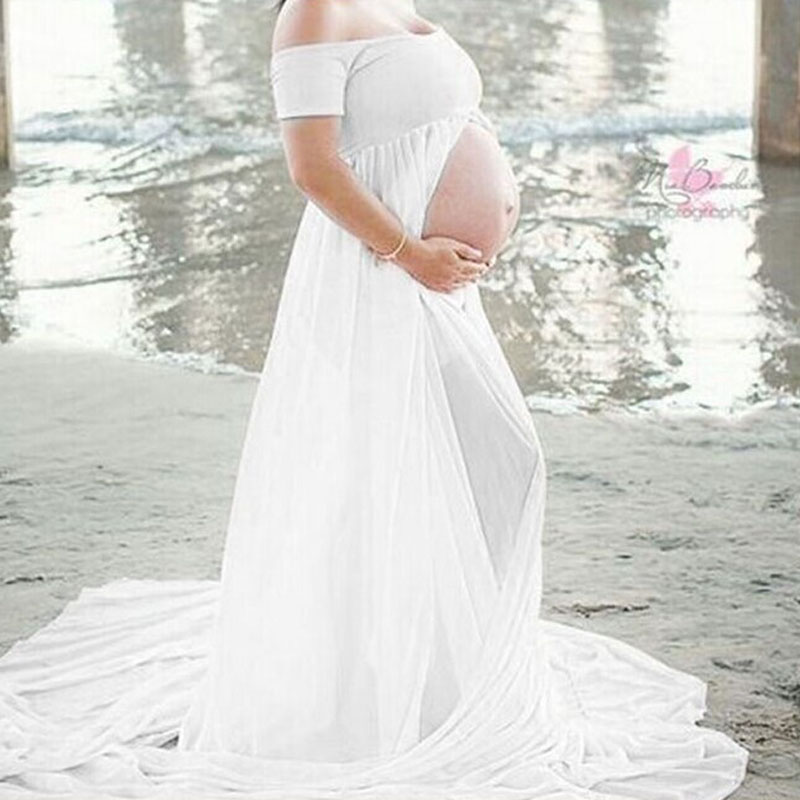 Maternity Dresses For Photo Shoot Chiffon Pregnancy Dress Photography Props Maxi Gown Dresses For Pregnant Women Clothes: Short Sleeve White / S
