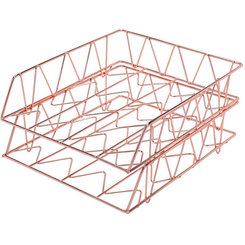 Desktop File Organizer Metal Stackable Letter Tray Paper Holder Rack, 2 Pack, Rose Gold