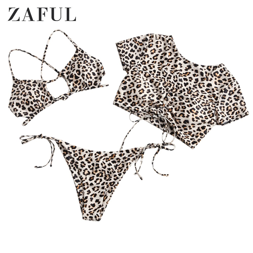 Zaful Luipaard Slangenhuid Cinched Uitsparing Tie Drie Stuk Badpak Sideanimal Print Uitneembare Snake Print Co Ord Bikini: Leopard / M