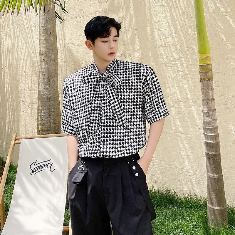 Koreaanse Mode Vintge Plaid Tops Mannelijke 2022 Zomer Mannen Rooster Korte Mouw Boog Lint Shirt Mannen &#39;S