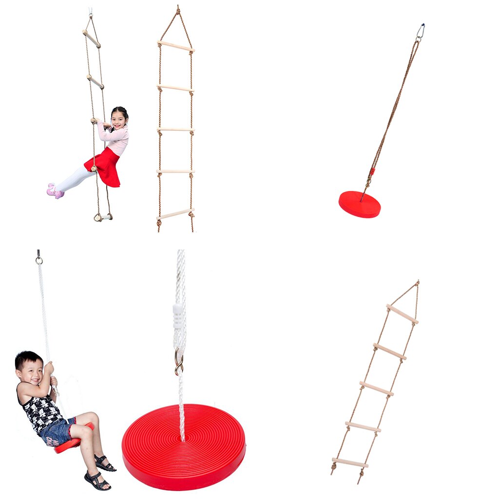 Red Climbing Rope Swing + 5 Rungs Rope Ladder for Kids Outdoor Tree Backyard Playground Swing