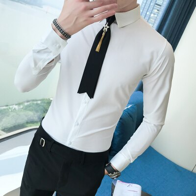 Merke herre skjorte høst slim fit all match dress skjorter menn casual langermet herrer ball skjorte smoking 3xl: Hvit / Asiatisk  l 52-60kg