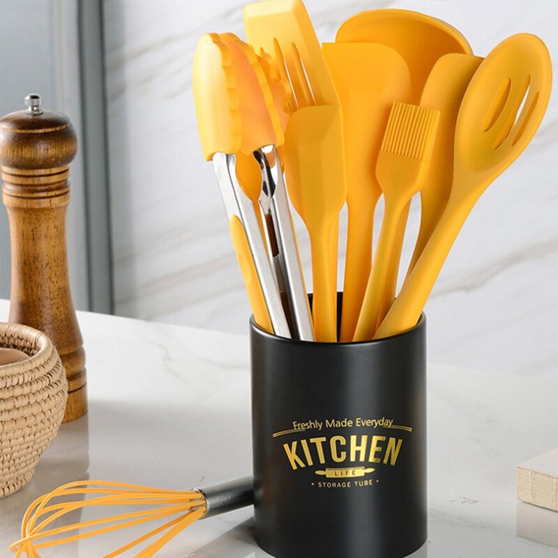 10PC Yellow Silicone Kitchenware Cooking Utensils Set Heat Resistant Kitchen Non-Stick Cooking Utensils With Storage Box