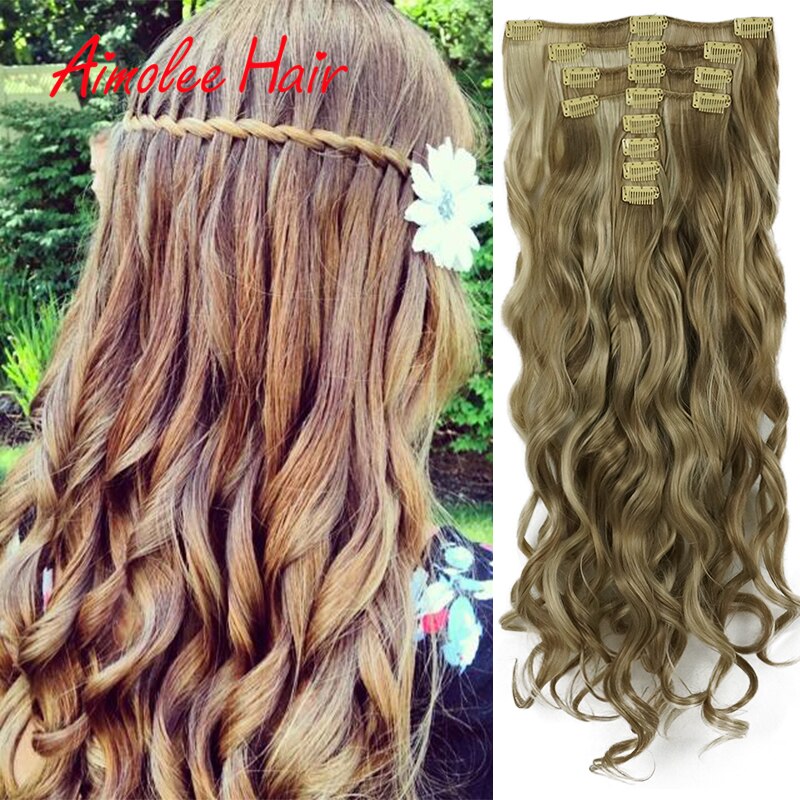 24 pulgadas 8 unids/set Natural largo ondulado rubia rojo destacar sintético postizo de Clip en extensiones de cabello 16 Clip de alta temperatura