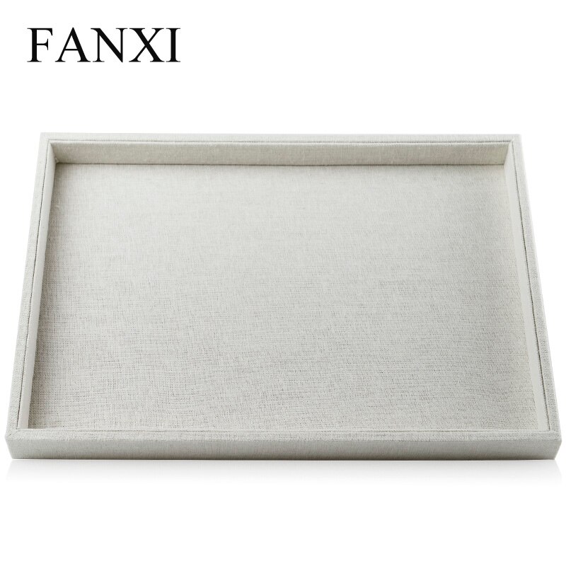 Fanxi træ smykker pakningsbakke med linned til smykker butiksdisk og vinduesbeige linned ringbakker