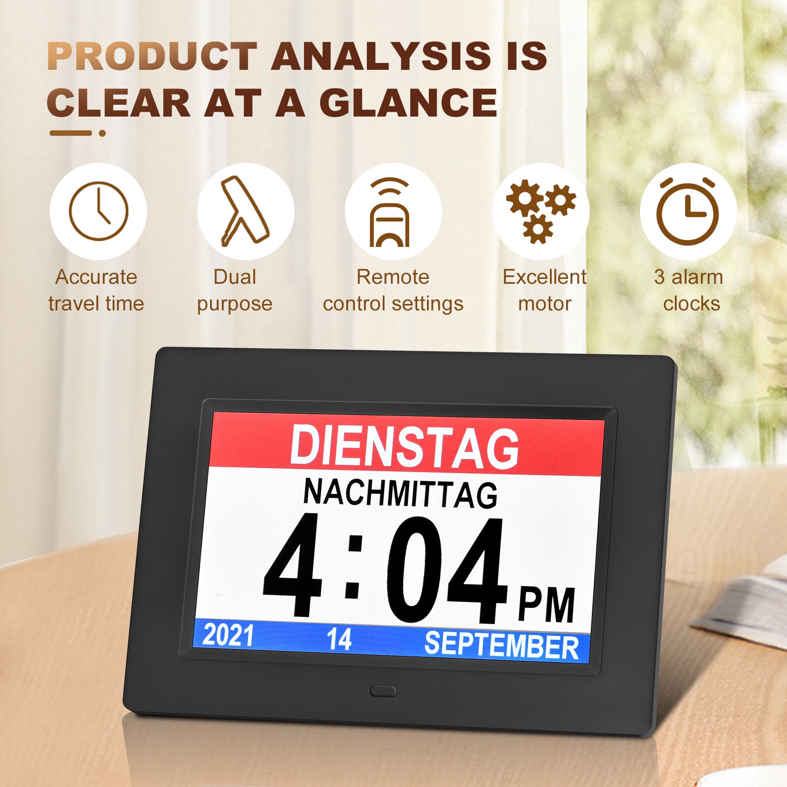 7 "Inch Digital Clock Calendar with Oversized Font Date Day Reminder for Elderly and Children Auto Dimming 9 Languages