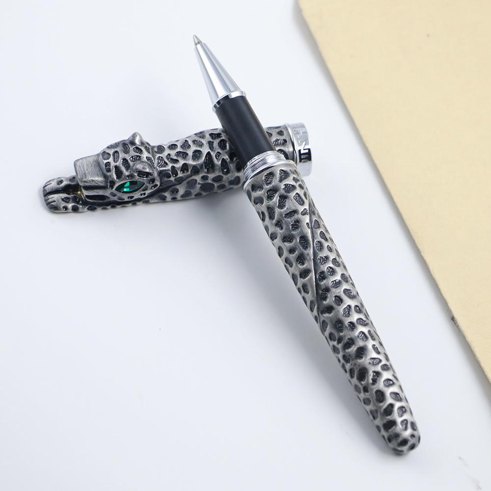 Vintage Alle Metalen Oude Zilveren Luipaard Jinhao Balpen Luxe Green Crystal Eyes Praktijk Pen Kantoorbenodigdheden
