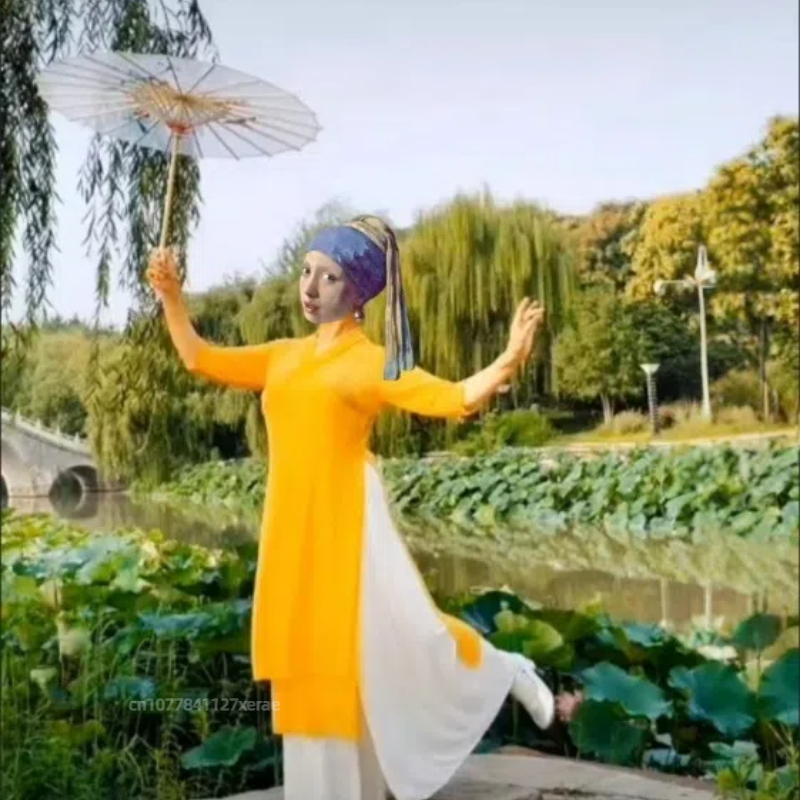 Chinese Style Modern Dance Practice Hanfu Medium Long Women's Classical Ethnic Double Layered Slit Gauze Clothes