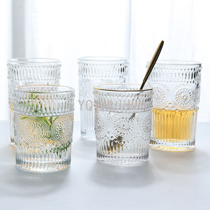 Sense of Weight 250-380ml Vintage Embossed Wine Cup Ins Whiskey Vodka Sun Flower Stemless Golden Mouth Ice Coffee Bar Drinkware