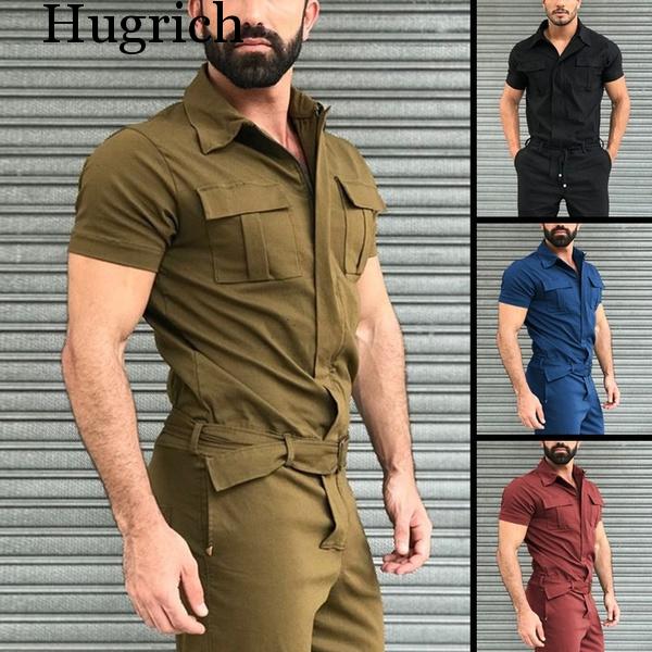 Efterår mænd korte ærmer basis arbejdsoverall til mænd ren farve cargo overalls afslappet street wear jumpsuit herre overalls