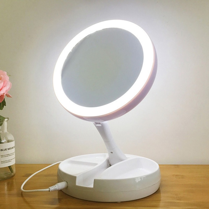 LED Makeup Mirror with Ring Light HD Vanity Mirrors Smart Touch Control Illuminated Stand Up Desk Table Mirror USB Charge
