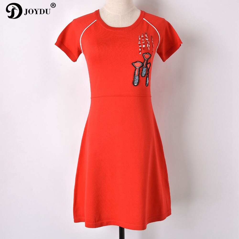 JOYDU Chic Runway Zomerjurk Vrouwelijke Rode Lippen Kralen Korte Mouw Elegante Gebreide Bandage Party Jurken Vestido: Red / S