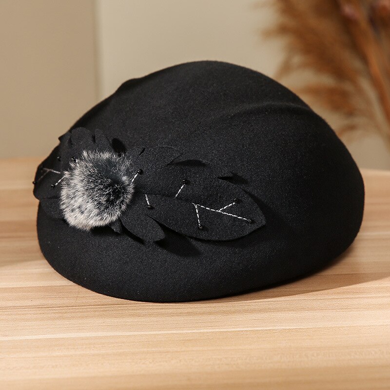 Sombreros tiroleses de mujer elegantes y femeninos, sombreros de fieltro a la de invierno para mujer, gorros de fieltro con flores, gorra tipo pastillero, sombreros de lana 100% Australia: Black