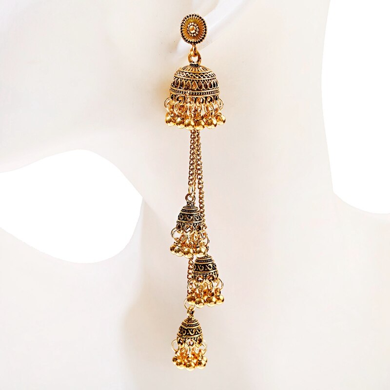 Ethnic Gold Afghan Long Tassel Bead Earrinngs Bollywood Jewellery Bell Jhumka Indian Earrings Wedding Jewelry