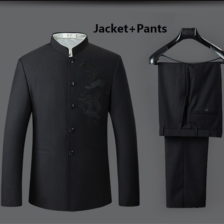 Mens Slim Fit Stand Collar Suits Dargon Embroidered Chinese Tang Suits Male Stylish Casual Suits Set Tangsuit: Jacket and pants / S
