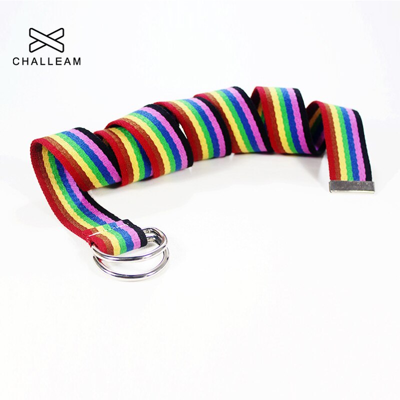 Frauen Leinwand Regenbogen Gürtel Weibliche Bunte Doppel D Ring Schnalle Hosen Jeans Lange Gürtel Damen Schüler gewebte gestreift Gurt 264