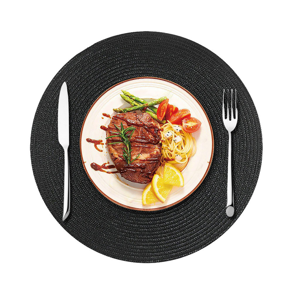 Mantel Individual redondo de 38cm para el hogar, tapete aislante de PP para mesa de comedor, tapete de comedor tejido biodegradable para cocina, mesa de comedor de Navidad, decoración de: Negro