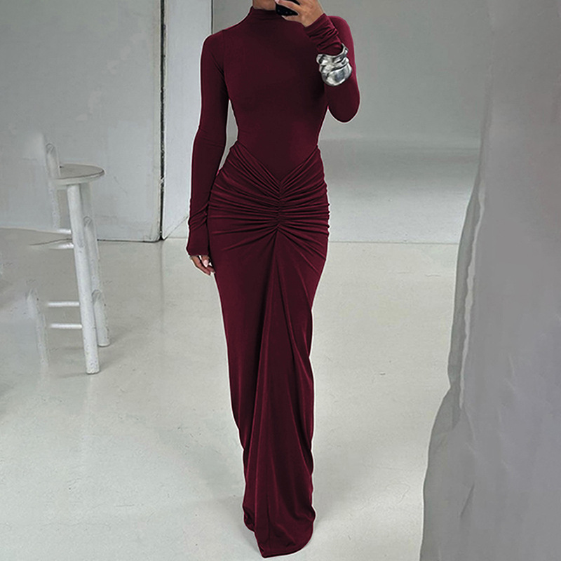Kryptografisk langærmet sexet bodycon maxikjole outfits klubfest ensfarvet efterårskjoler vestido fødselsdagstøj: S / Klaret