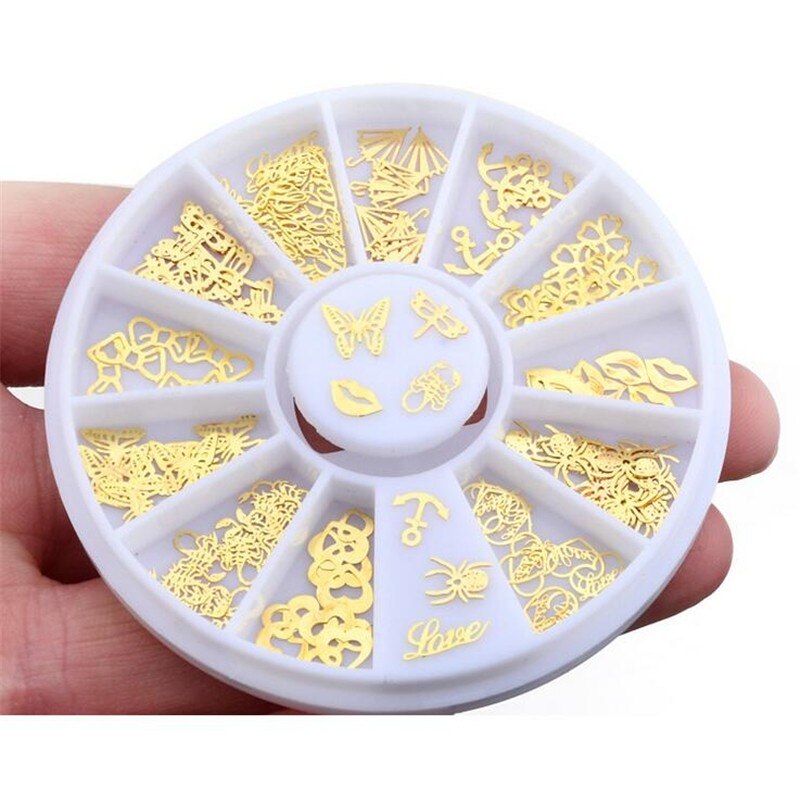 1 DOOS Gold Metal Nail Art Sticker Decoratie Wiel Butterfly Lippen Tiny Slice DIY Nail Accessoires