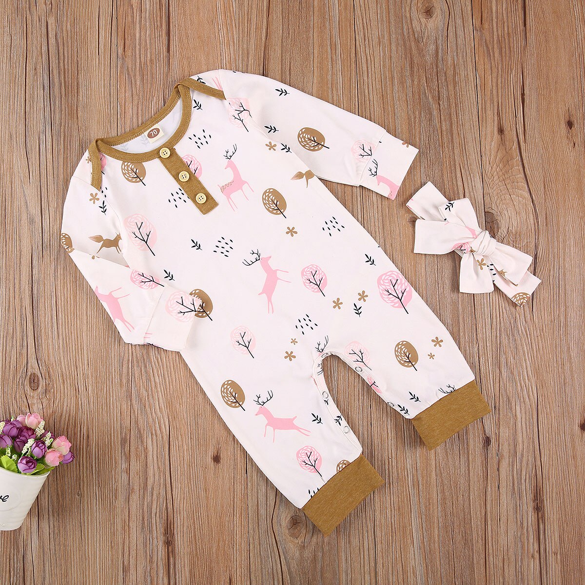 2 pièces bébé filles garçons coton dessin animé Elk costume rose clair à manches longues combinaison ample bouton décoration mignon Bow bandeau 0-12M