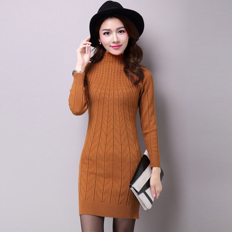 UPPIN Autumn Winter Middle-aged Women Long Paragraph Wool Bottoming Shirt Wild Warm Slim Package Sweater Dress Female