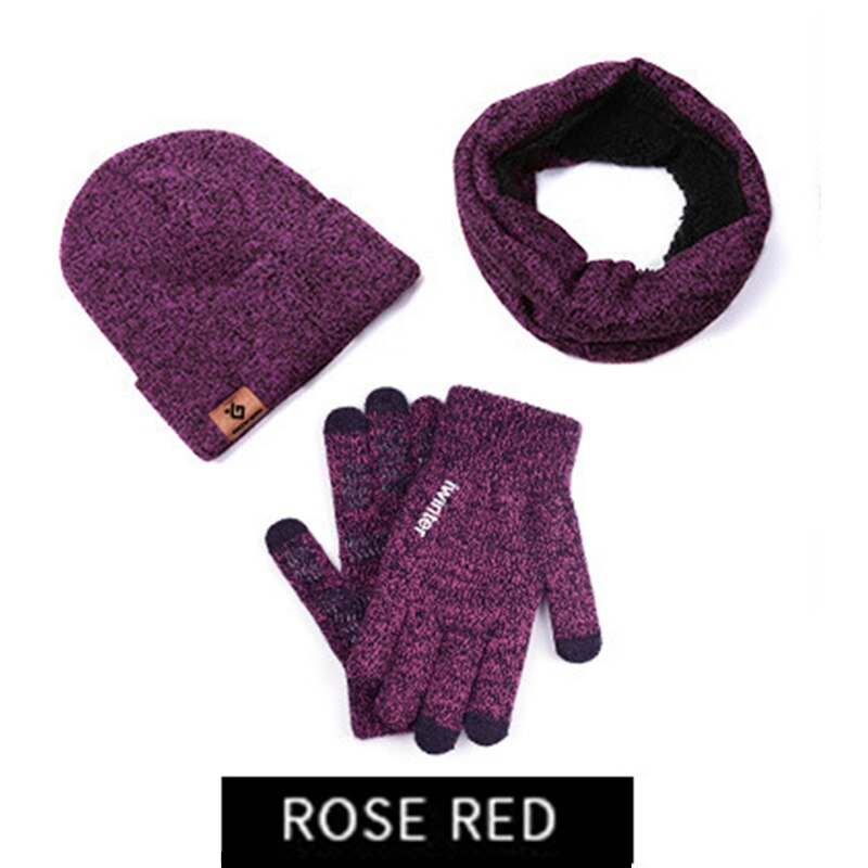 Efterår og vinter hat tørklæde handsker strikket tredelt dragt mænd og kvinder par uld plus fløjl varme handsker sæt: Rosenrød