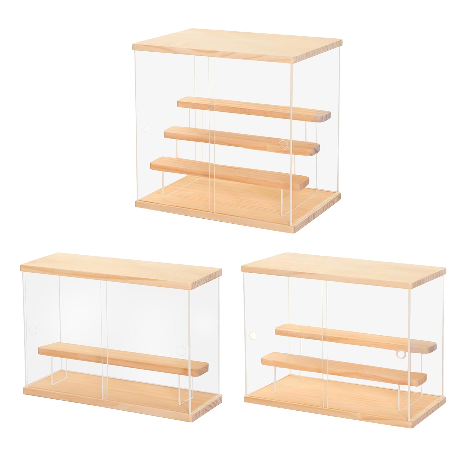 transparent Acryl Anzeige fallen Schutz Lagerung Würfel Schaufenster Container Holz Basis für Puppe Figuren Parfüm