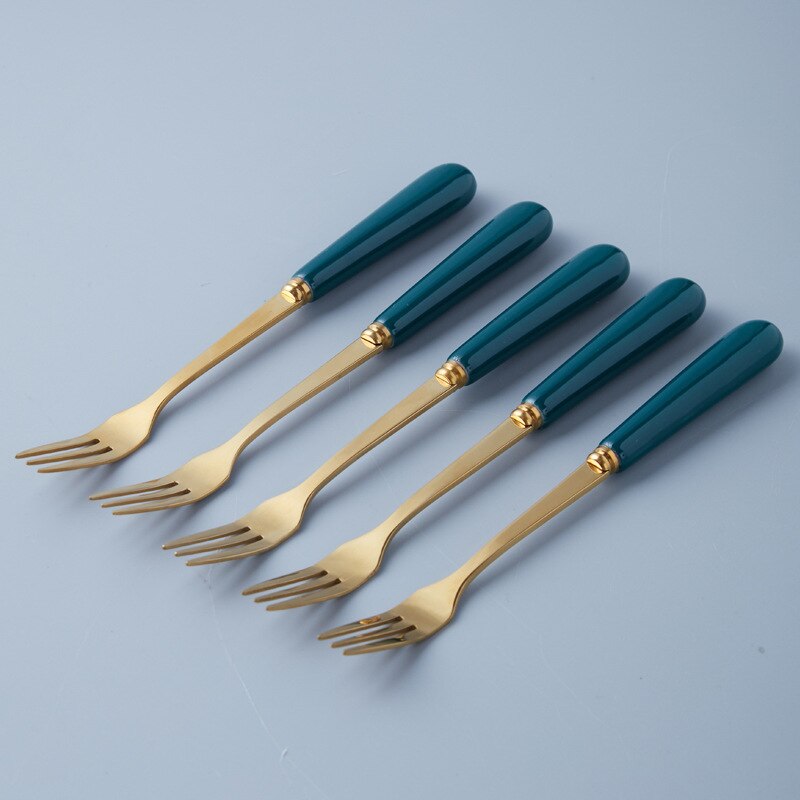 Golden Tableware Marbled Ceramic Cutlery Set Storage Tank Gold Spoon and Fork Set Mirror Coffee Fork Dinner Set: 5pcs Green forks