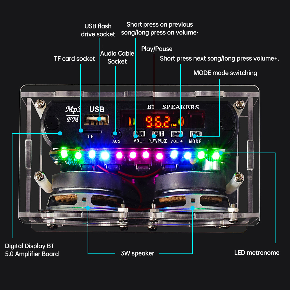 87.5-108MHZ FM Radio Stereo DIY Kit Amplifier Bluetooth Speaker Spectrum Electronic Fabrication PCB Soldering Practice Kit