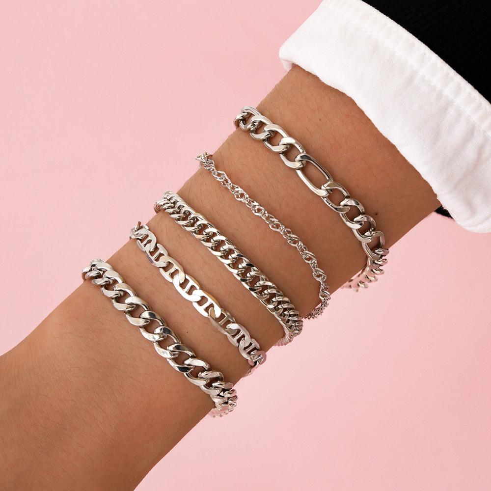 Diezi Multilayer Zilver Kleur Chain Armbanden En Armbanden Voor Vrouwen Mannen Chunky Armband Koppels Mannen Vintage Boho Sieraden 5 Stks/set